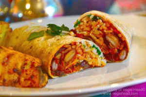 Mexi-rice and Bean Burritos with Spicy Sweet Potatoes